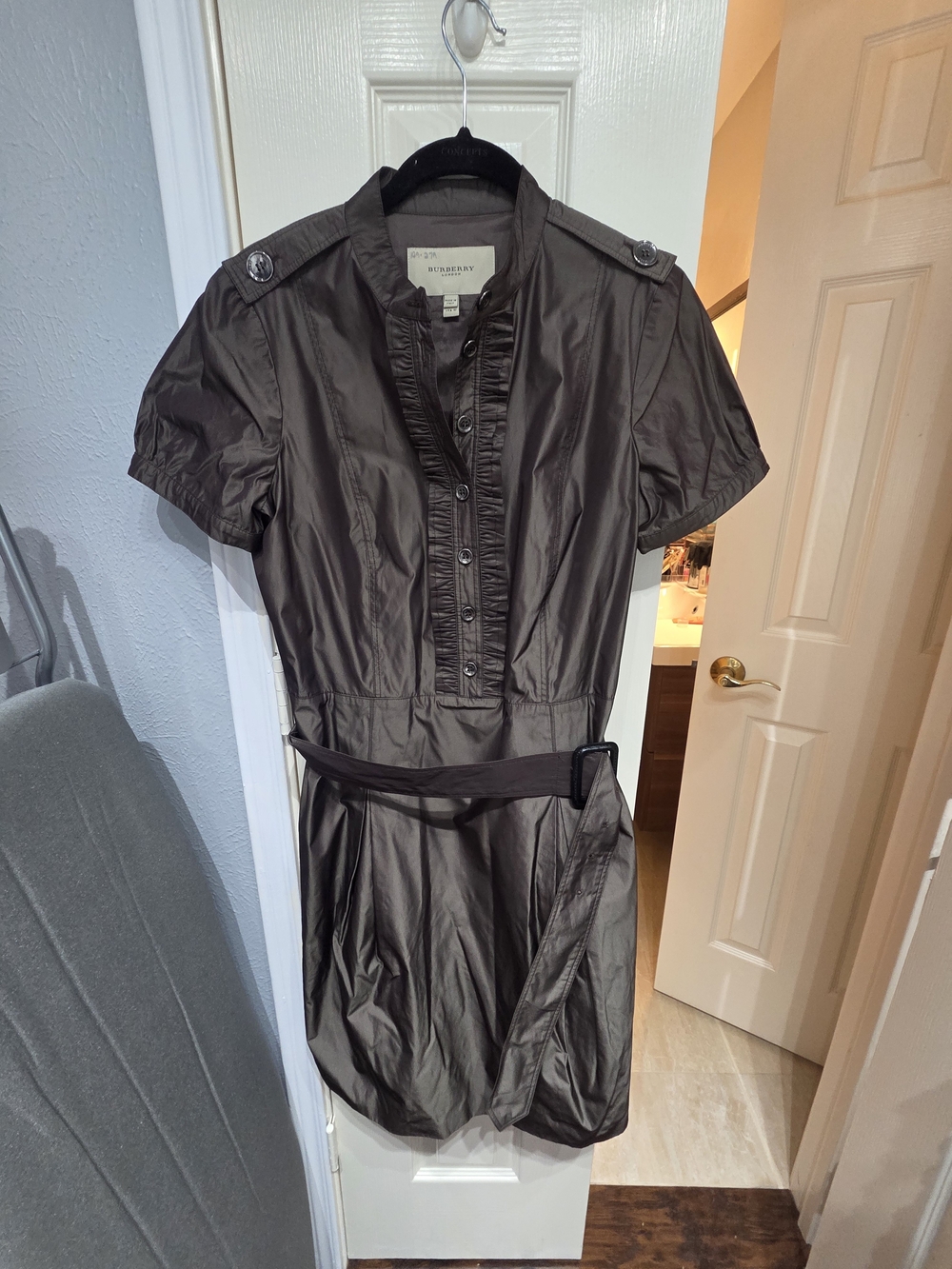 Burberry Short Sleeve Belted Mini Dress in Dark Brown